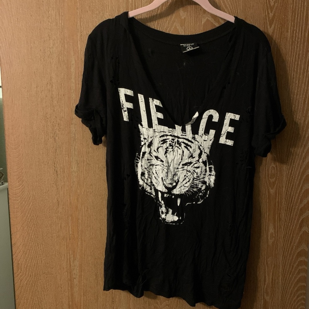 Hippie Chic black and white distressed tiger “Fierce” shirt